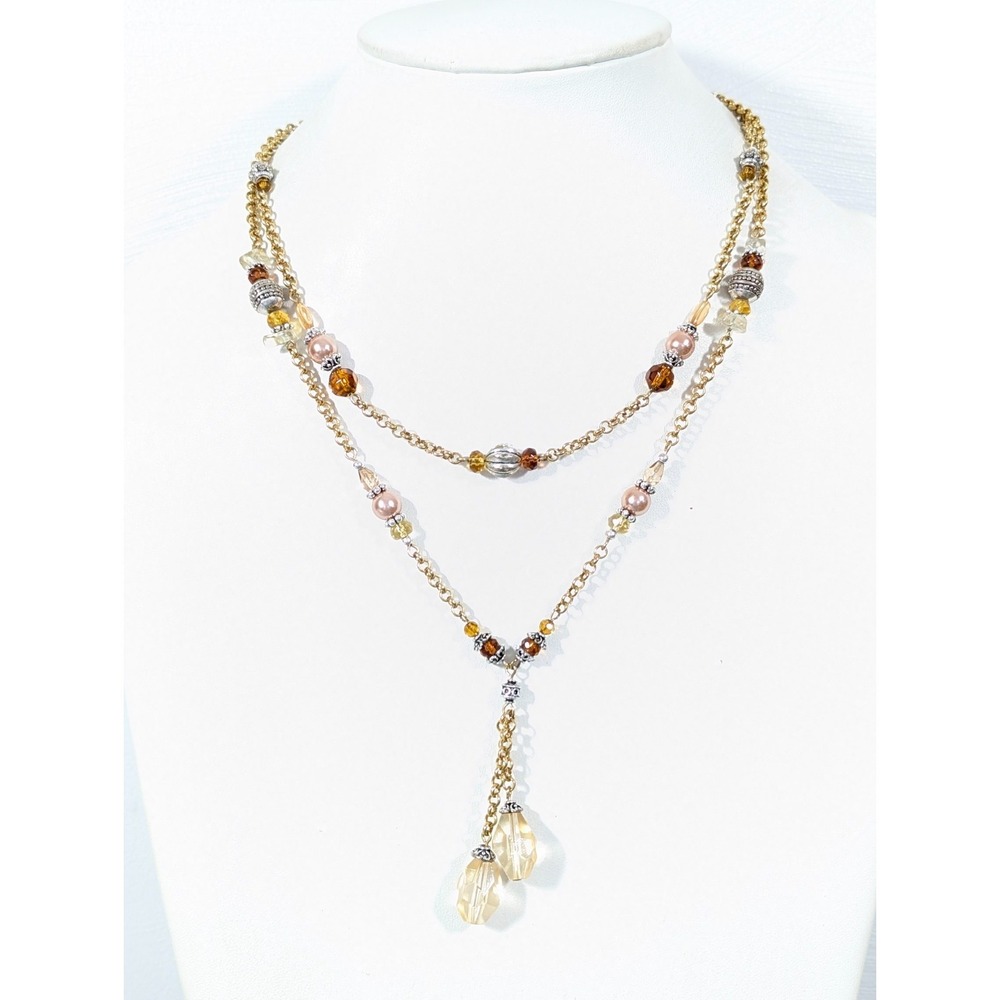 Avon Double Chain Lariat Amber Color‎ Beaded Necklace Elegant Chic 19 in